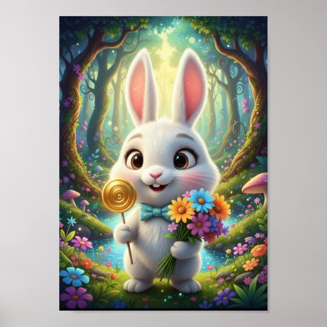 Cute Woodland Bunny Rabbit Bowtie Fantasy Poster (Front)