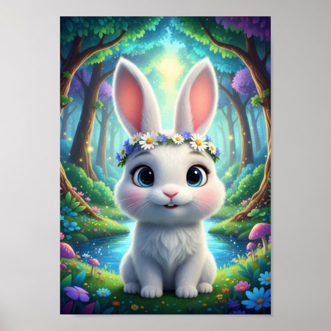 Cute Woodland Bunny Rabbit Flower Fantasy Poster (Front)