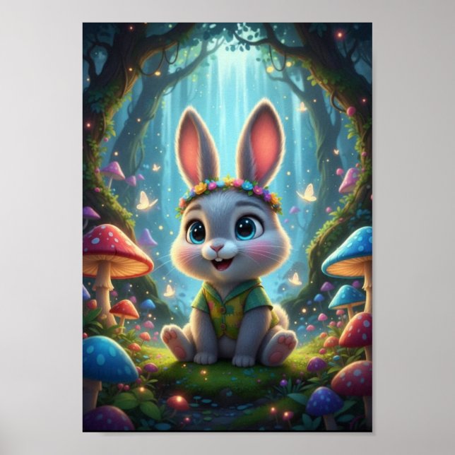 Cute Woodland Bunny Rabbit Flower Fantasy Poster (Front)