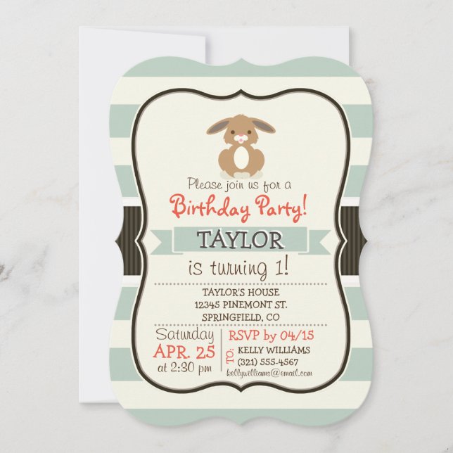 Cute Woodland Bunny Rabbit on Light Sage Green Invitation (Front)