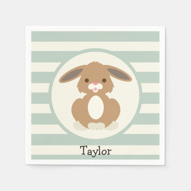 Cute Woodland Bunny Rabbit on Light Sage Green Paper Napkins (Front)
