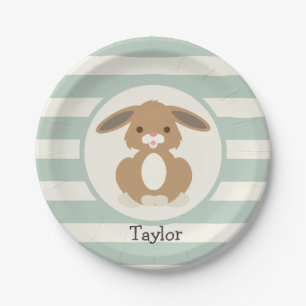 Cute Woodland Bunny Rabbit on Light Sage Green Paper Plates