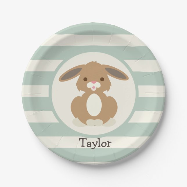 Cute Woodland Bunny Rabbit on Light Sage Green Paper Plates (Front)