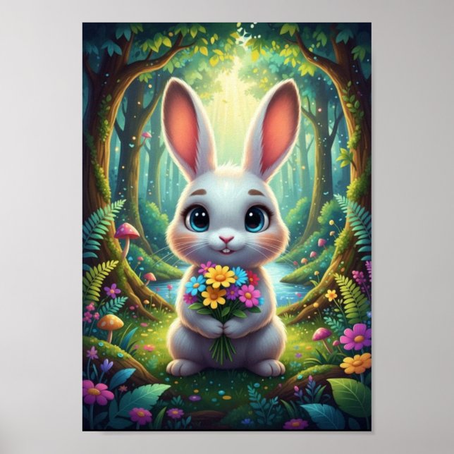 Cute Woodland Bunny Rabbit Spring Bouquet Poster (Front)