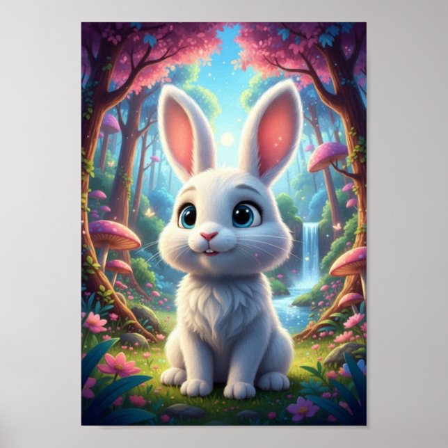 Cute Woodland Bunny Rabbit Waterfall Forest Poster (Front)