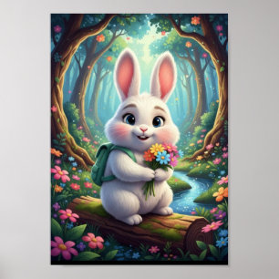 Cute Woodland Bunny Rabbit With Backpack Poster