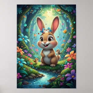 Cute Woodland Bunny Rabbit With Bluebirds Poster