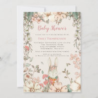 Cute Woodland Bunny Script Girl Baby Shower Invitation