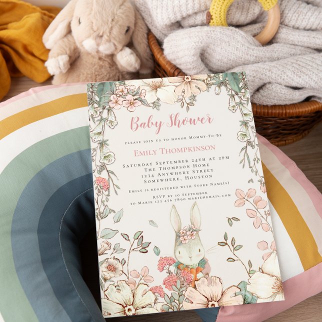 Cute Woodland Bunny Script Girl Baby Shower Invitation