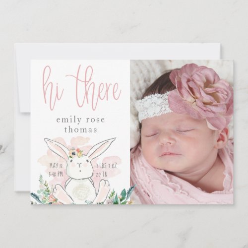 Cute Woodland Bunny Script HI THERE Pink Baby Girl Announcement