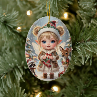 Cute Woodland Chibi Girl's Personalized Christmas Ceramic Ornament