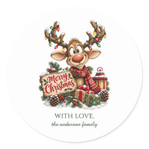 Cute Woodland Christmas Reindeer Personalized      Classic Round Sticker
