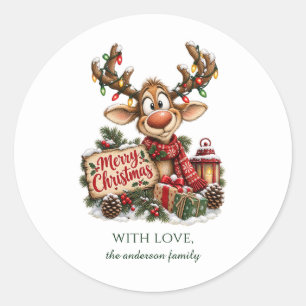 Cute Woodland Christmas Reindeer Personalized Classic Round Sticker