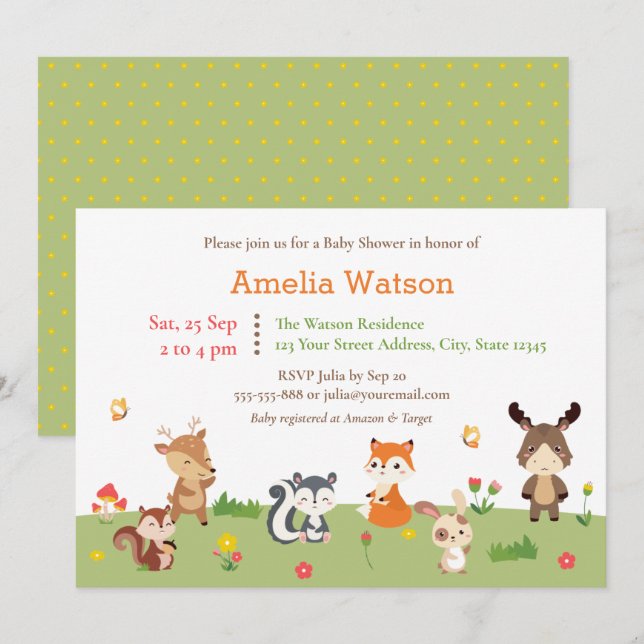 Cute Woodland Colorful Forest Animals Baby Shower Invitation (Front/Back)