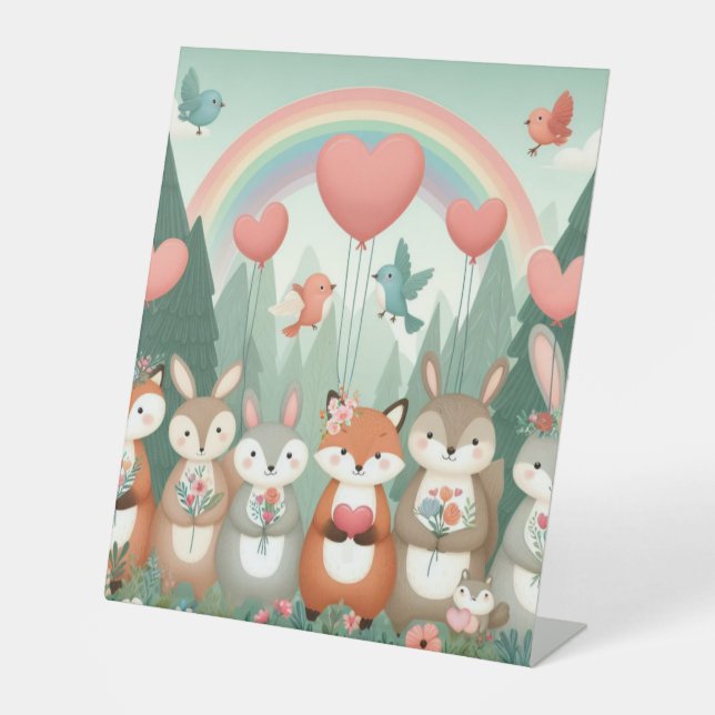 Cute Woodland Creature rainbow valentine's Pedestal Sign (Front)