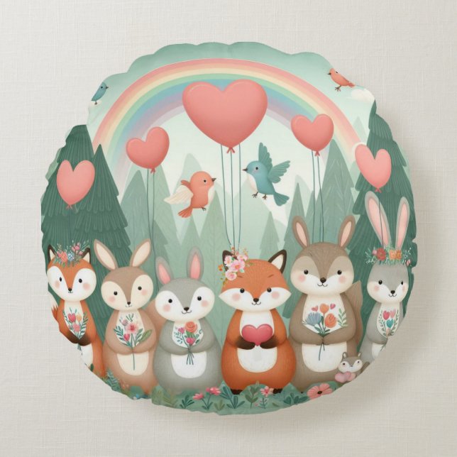 Cute Woodland Creature rainbow valentine's Round Pillow (Front)