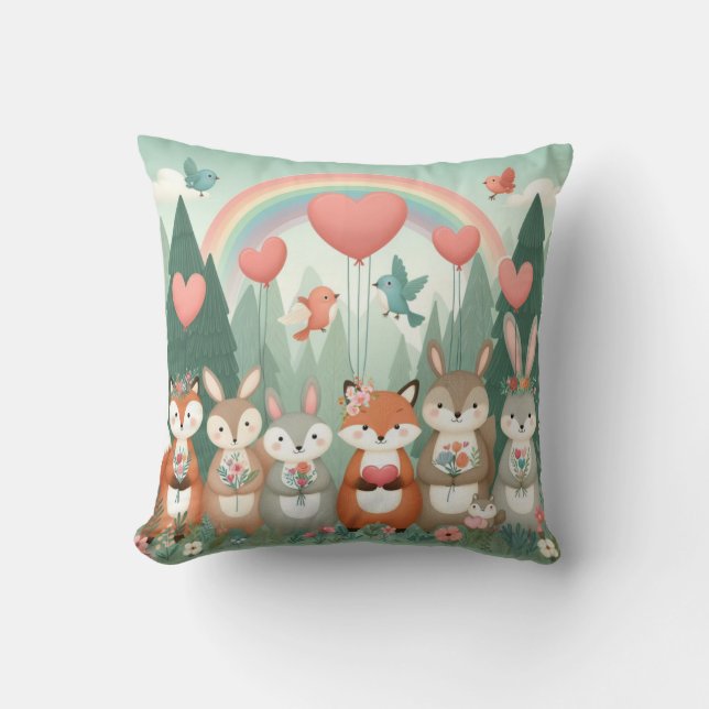 Cute Woodland Creature rainbow valentine's Throw Pillow (Front)