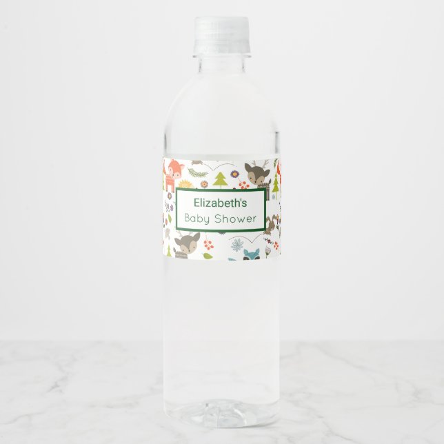 Cute Woodland Creatures Animal Pattern Baby Shower Water Bottle Label (Front)