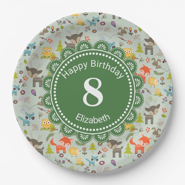 Cute Woodland Creatures Animal Pattern Birthday Paper Plates (Front)