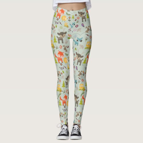 Cute Woodland Creatures Animal Pattern Leggings