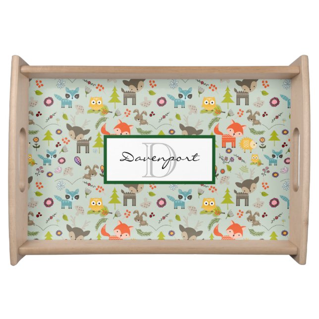 Cute Woodland Creatures Animal Pattern & Monogram Serving Tray (Front)