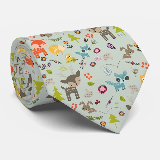Cute Woodland Creatures Animal Pattern Neck Tie (Rolled)