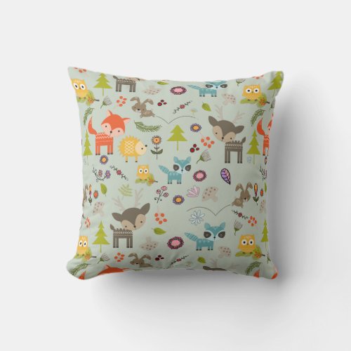 Cute Woodland Creatures Animal Pattern Throw Pillow