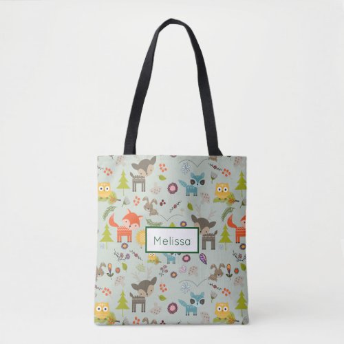 Cute Woodland Creatures Animal Pattern with Name Tote Bag