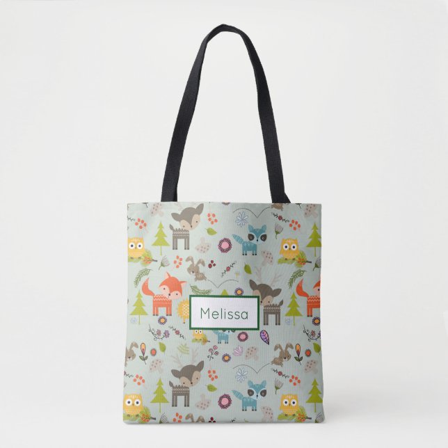 Cute Woodland Creatures Animal Pattern with Name Tote Bag (Front)