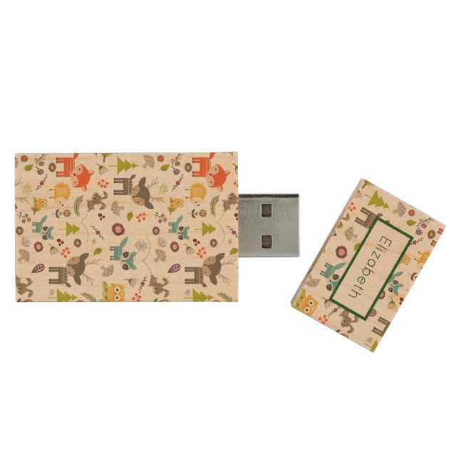 Cute Woodland Creatures Animal Pattern with Name Wood Flash Drive (Opened)