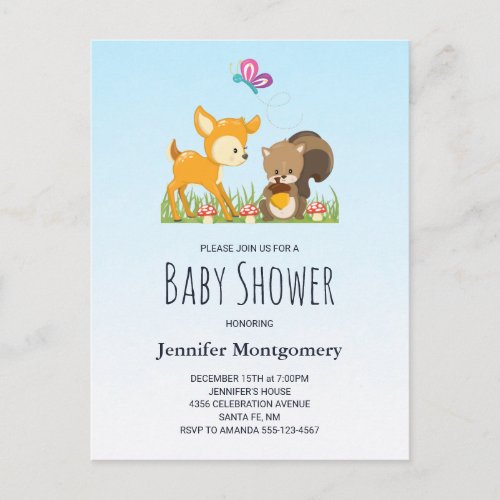 Cute Woodland Creatures Cartoon Baby Shower Invitation Postcard