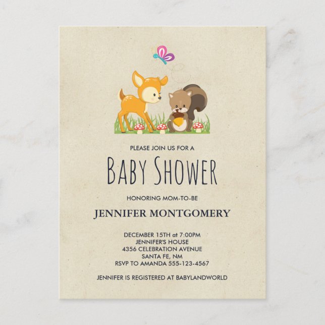 Cute Woodland Creatures Cartoon Baby Shower Invitation Postcard (Front)