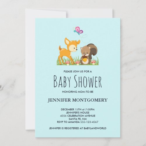 Cute Woodland Creatures Cartoon Baby Shower Invite