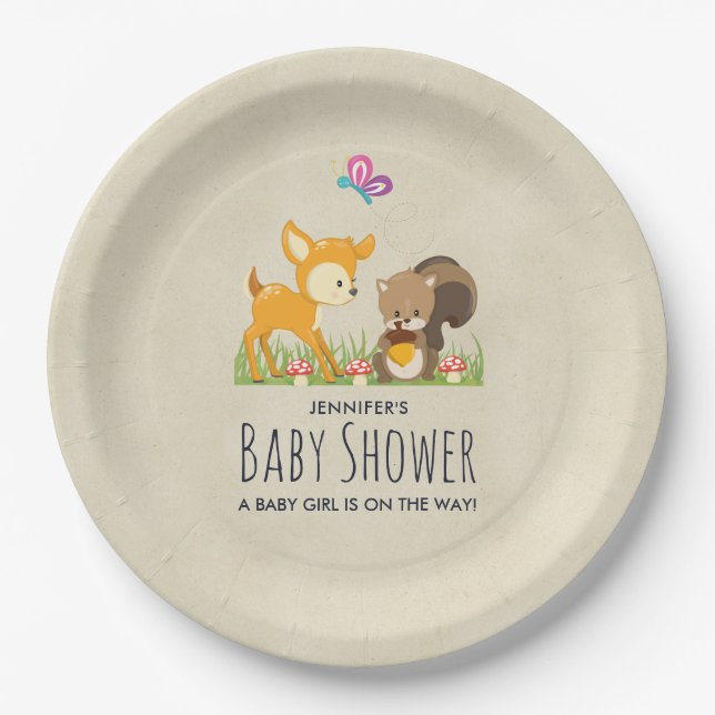Cute Woodland Creatures Cartoon Baby Shower Paper Plates (Front)