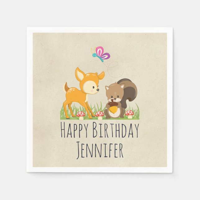 Cute Woodland Creatures Cartoon Birthday Napkins (Front)