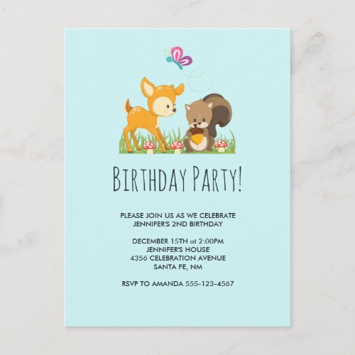 Cute Woodland Creatures Cartoon Birthday Party Invitation Postcard