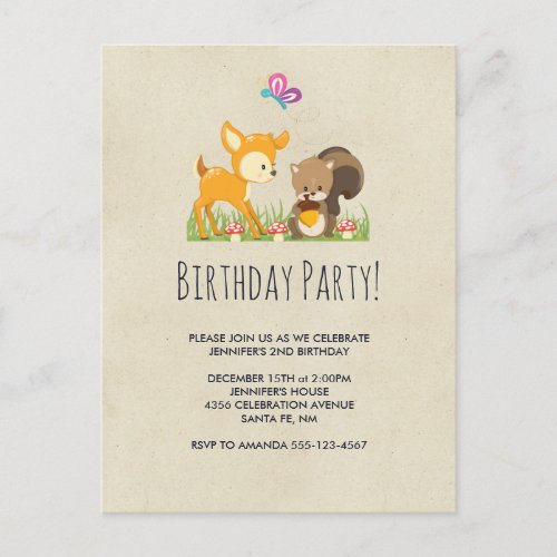 Cute Woodland Creatures Cartoon Birthday Party Invitation Postcard