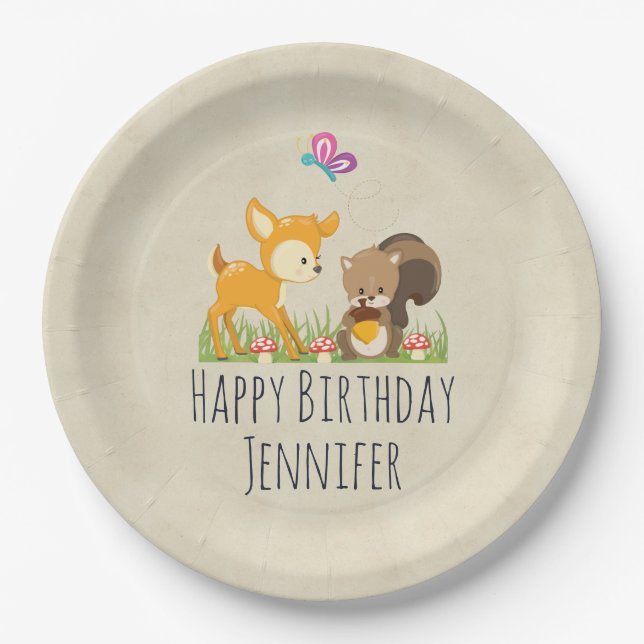 Cute Woodland Creatures Cartoon Birthday Party Paper Plates (Front)