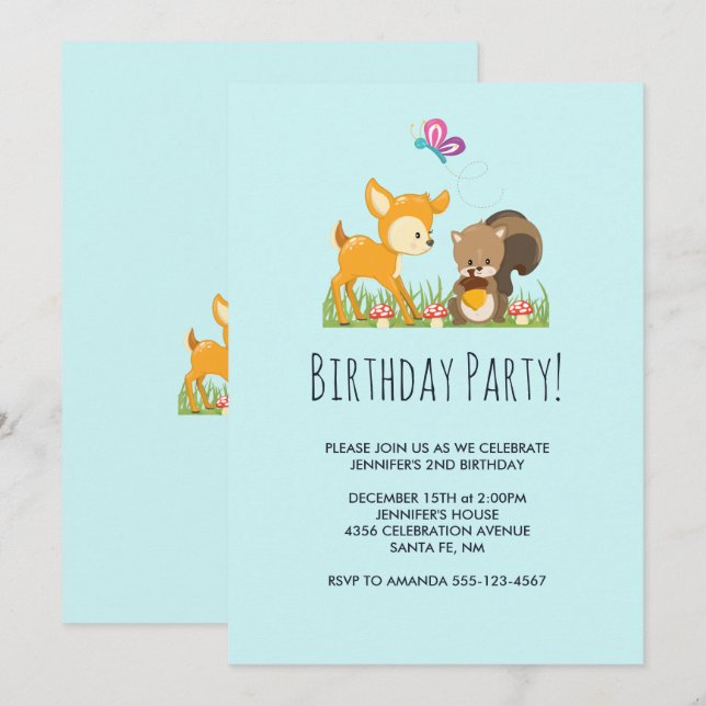 Cute Woodland Creatures Cartoon Drawing Birthday Invitation (Front/Back)