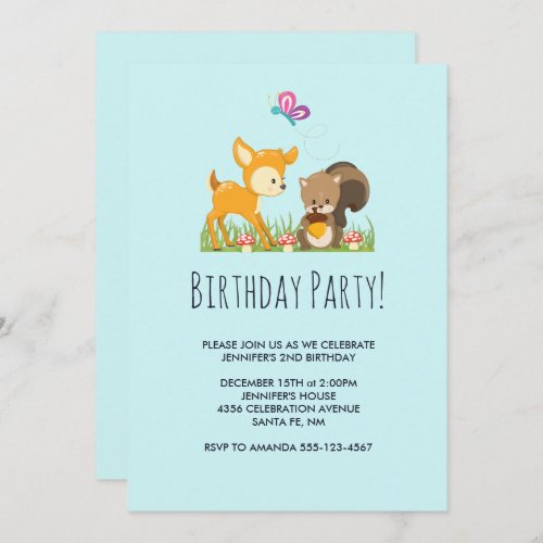 Cute Woodland Creatures Cartoon Drawing Birthday Invitation