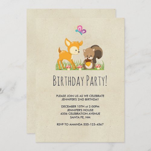 Cute Woodland Creatures Cartoon Drawing Birthday Invitation