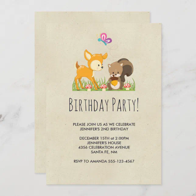 Cute Woodland Creatures Cartoon Drawing Birthday Invitation | Zazzle