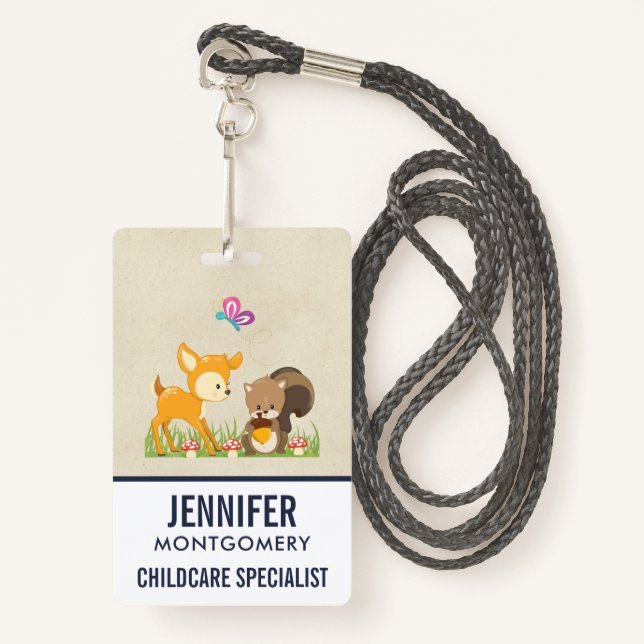 Cute Woodland Creatures Cartoon Illustration Badge (Front with Lanyard)
