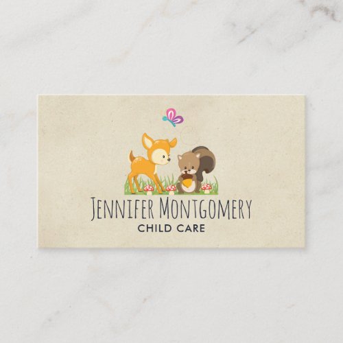 Cute Woodland Creatures Cartoon Illustration Business Card