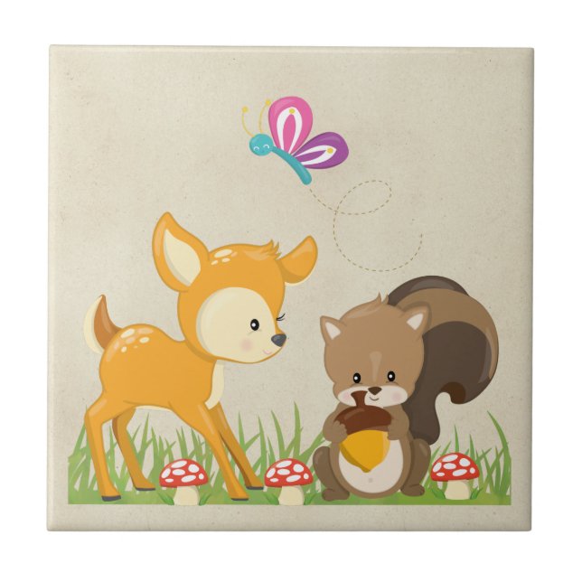 Cute Woodland Creatures Cartoon Illustration Ceramic Tile (Front)
