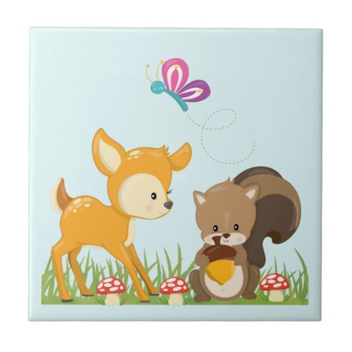 Cute Woodland Creatures Cartoon Illustration Ceramic Tile