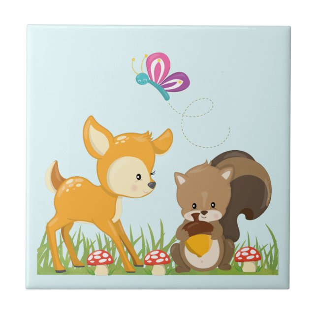 Cute Woodland Creatures Cartoon Illustration Ceramic Tile (Front)