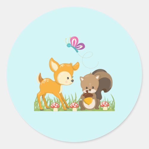 Cute Woodland Creatures Cartoon Illustration Classic Round Sticker