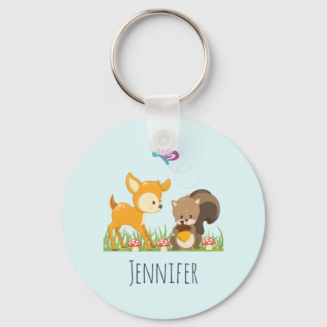 Cute Woodland Creatures Cartoon Illustration Keychain (Front)