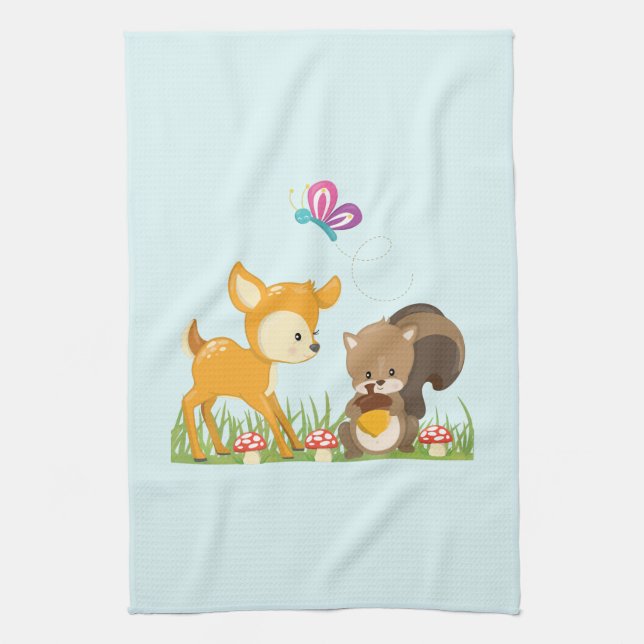 Cute Woodland Creatures Cartoon Illustration Kitchen Towel (Vertical)
